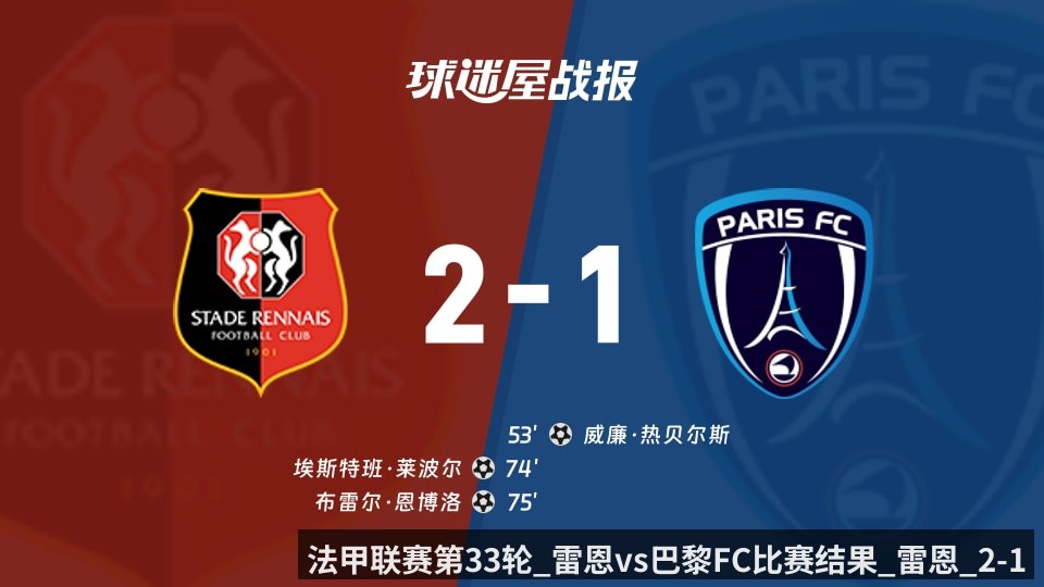 法甲联赛第33轮_雷恩vs巴黎FC比赛结果_雷恩_2-1_巴黎FC比分战报_2026年05月11日_
